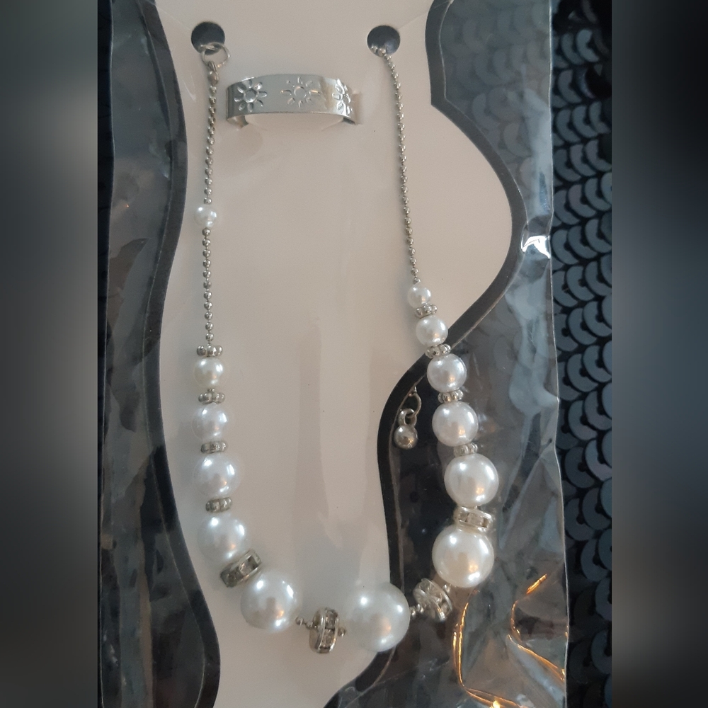 Elegant Silver Plated Pearl And Rhinestone Anklet Toe Ring Set New In Package